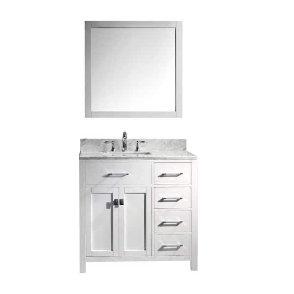 Virtu USA Caroline Parkway 36 in. W Bath Vanity in White with Marble Vanity Top in White with Square Basin and Mirror