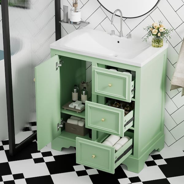 Magic Home 30 in. Retro Single Sink Freestanding Storage Bath Vanity in Green with White Ceramic Top,Drawers and Adjustable Shelves