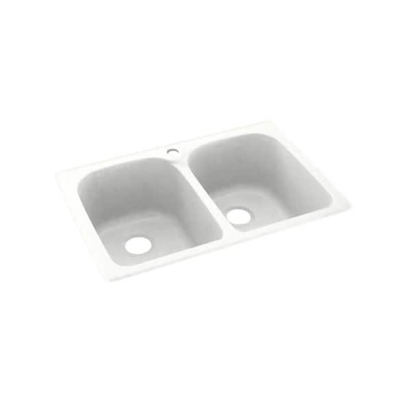 Swan Dual-Mount Solid Surface 33 in. x 22 in. 1-Hole 50/50 Double Bowl Kitchen Sink in Tahiti White