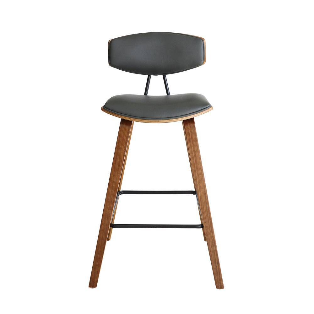 Gray Faux Leather and Walnut Wood Mid-Century Modern Bar Stool