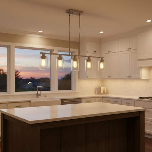 5-Light Brushed Nickel Modern Kitchen Island Pendant Lighting with Clear Glass Shade, Hanging Light for Dining Room