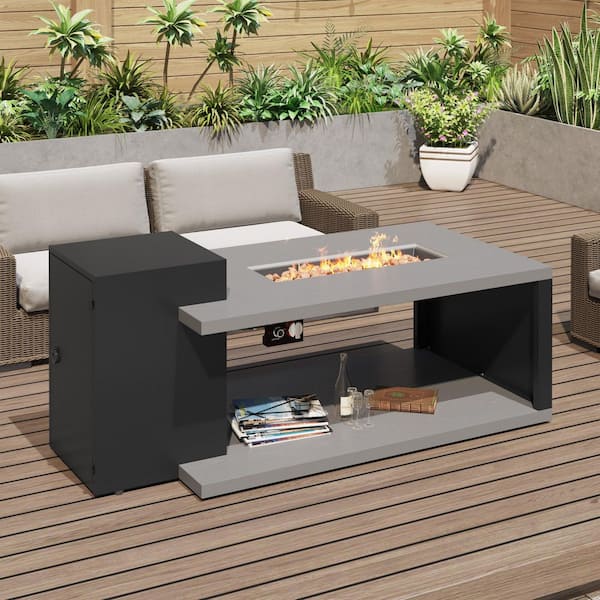 54 in. 50,000 BTU Rectangle Metal Outdoor Fire Pit Table with Auto Shut-Off, Propane Storage, Rain Cover and Lava Rocks