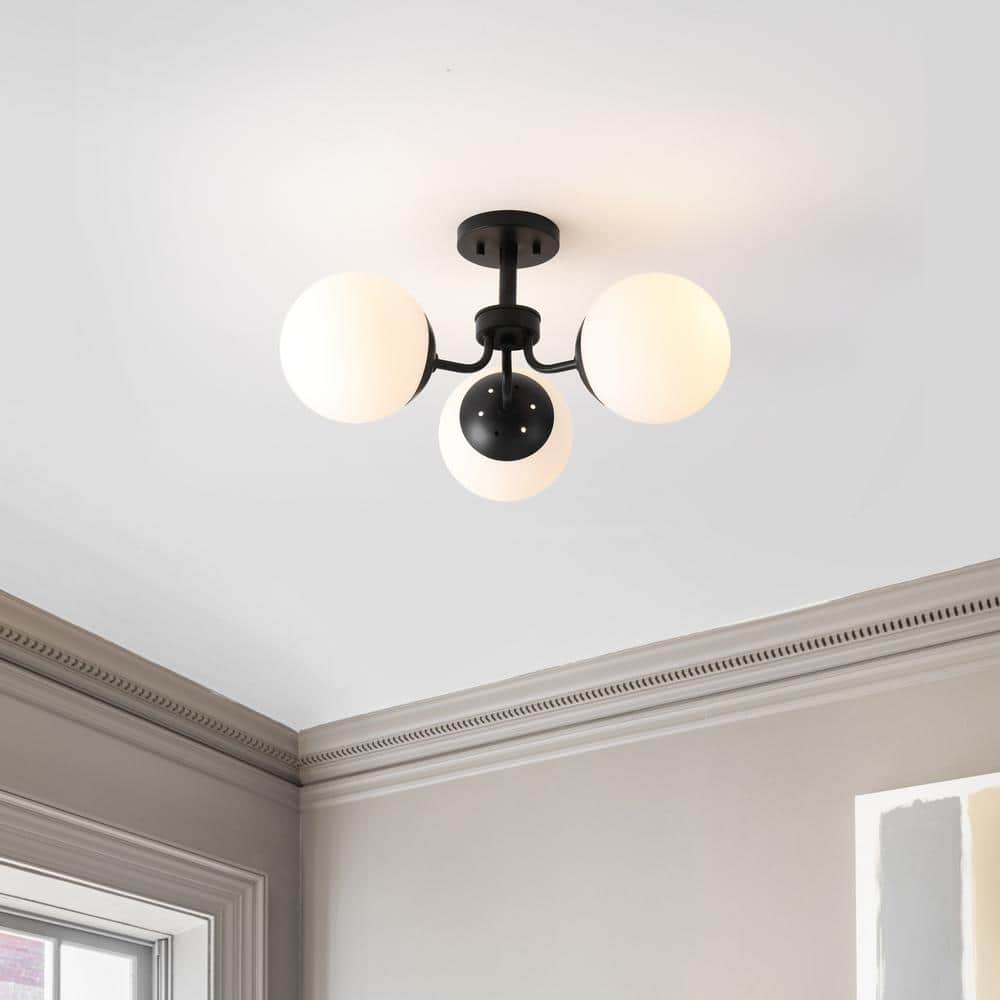 Olivier Black Iron and Frosted Glass Globe LED Semi Flush Mount