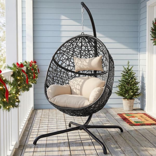 Unbranded Patio 1-Person Outdoor Beige PE Wicker Porch Swings Hanging Egg Chair with Cushions and Stand