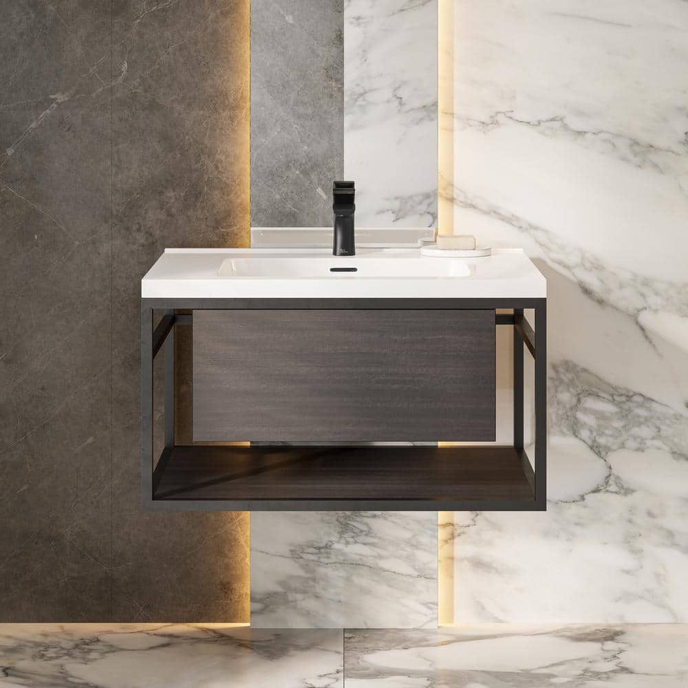 Claire 30" Black Ceramic Wall-Hung Vanity with Open Shelf