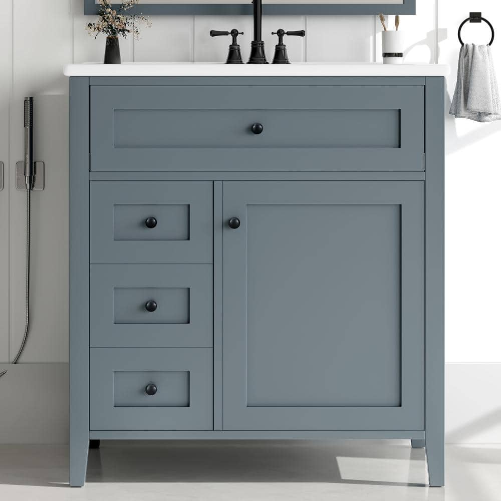 30 in. Single Sink Freestanding Blue Gray Solid Wood Frame Bath Vanity with White Ceramic Top, Adjustable Shelves price history on PriceWatchPro