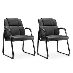 Office Guest Chair Leather Executive No Wheels Waiting Room Chairs in Black with Padded Arms (Set of 2)