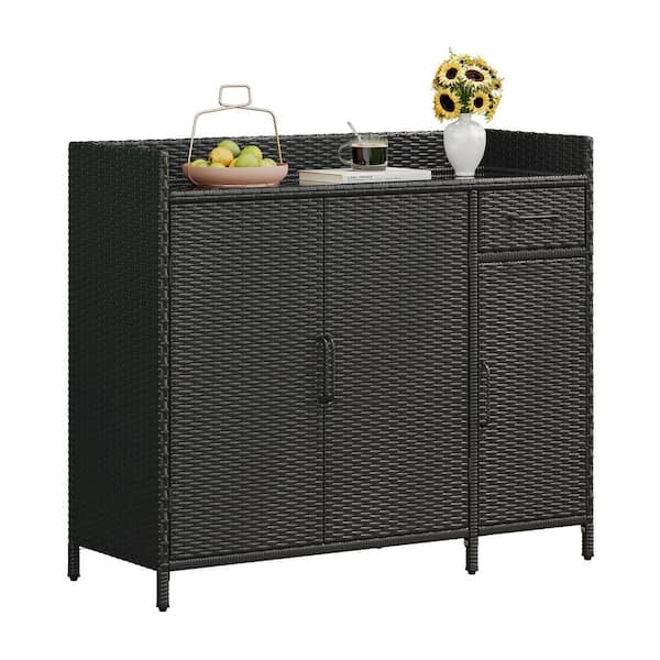 H2O 47.5 in. W Black Wicker Outdoor Kitchen Cart with Tempered Glass Top, 3 Doors, Adjustable Shelf, and Drawer