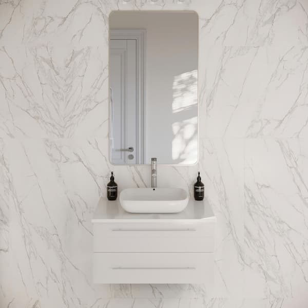 Lucera 30 in. Single Sink Wall Mount Floating White Bath Vanity with White Quartz Top and Vessel Ceramic Sink