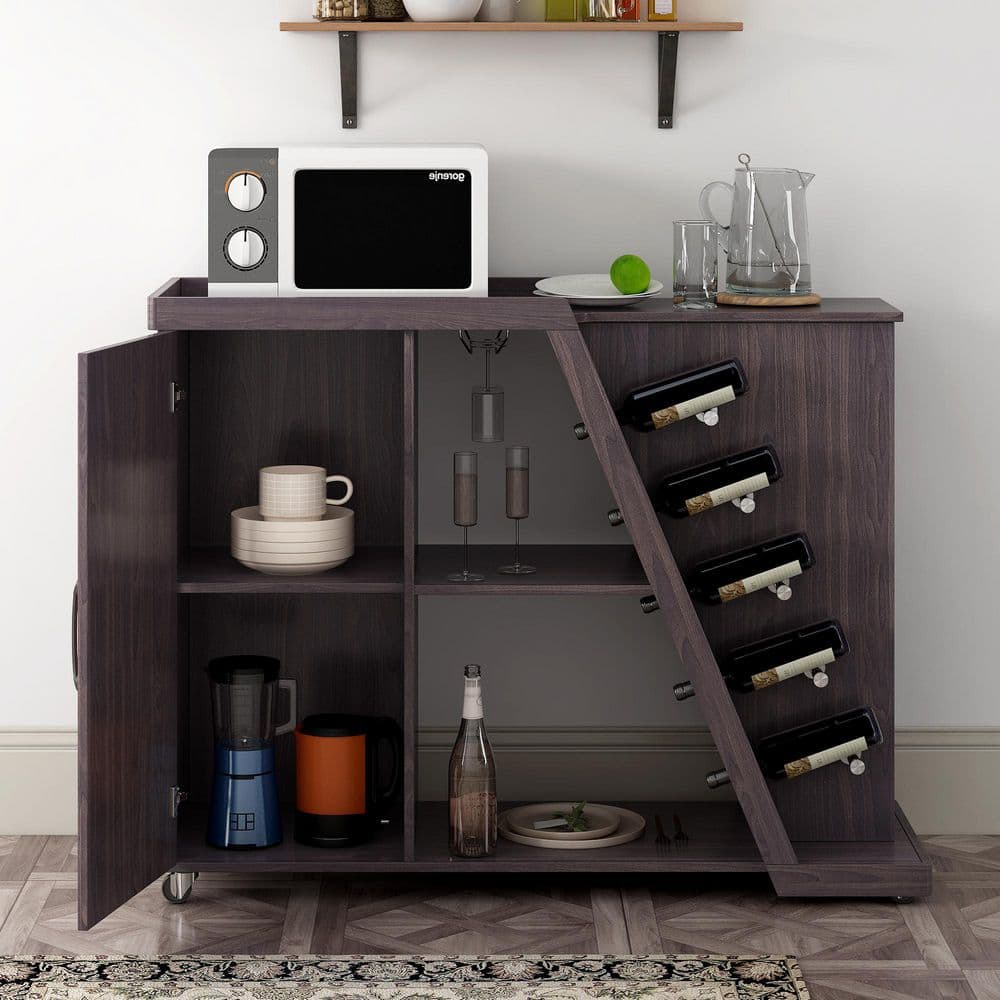 Espresso Kitchen Island Cart on Wheels with Adjustable Shelf and 5-Wine Hol
