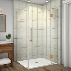 Avalux GS 42 in. x 34 in. x 72 in. Rectangular Pivot Frameless Corner Shower Enclosure in Brushed Gold with Clear Glass