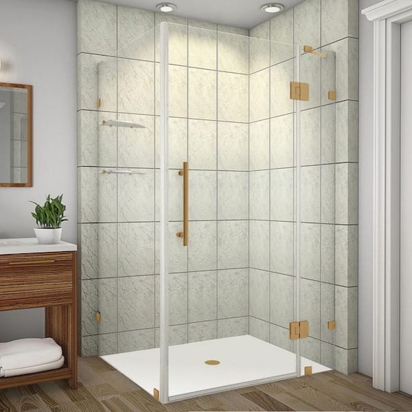 Avalux GS 57 in. x 36 in. x 72 in. Rectangular Pivot Frameless Corner Shower Enclosure in Brushed Gold with Clear Glass