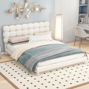 White Wood Frame Full Size Velvet Upholstered Platform Bed with Soft Plump Square-Tufted Headboard, Additional Legs