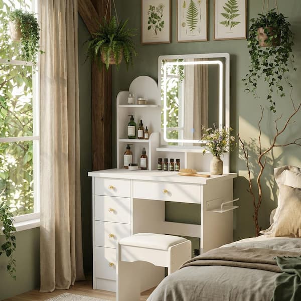 FUFU&GAGA 5-Drawers White Makeup Vanity Sets Dressing Table Sets