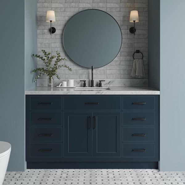 ARIEL Hepburn 61 in. W x 22 in. D x 36 in. H Bath Vanity in Midnight Blue with Carrara Marble Vanity Top with White Basin