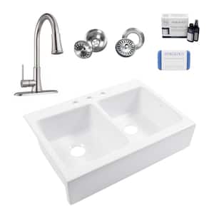 Josephine 34 in. 3-Hole Quick-Fit Farmhouse Apron Drop-in Double Bowl White Fireclay Kitchen Sink with Pfirst Faucet Kit