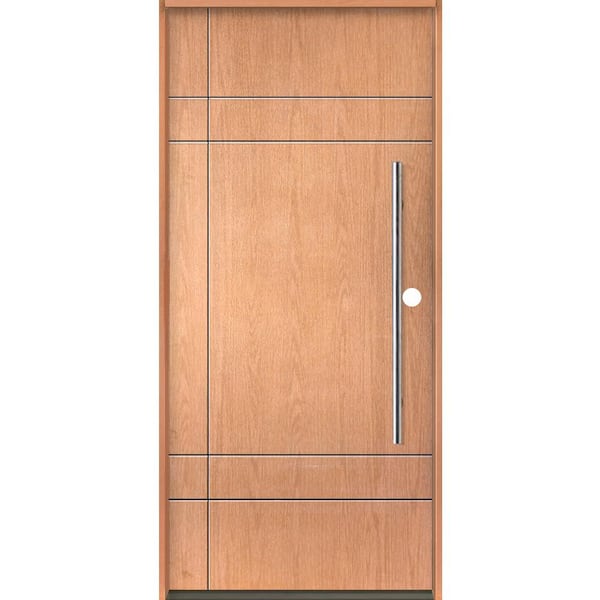 Krosswood Doors SUMMIT Modern Faux Pivot 36 in. x 80 in. Left-Hand/Inswing 10-Grid Solid Panel Teak Stain Fiberglass Prehung Front Door