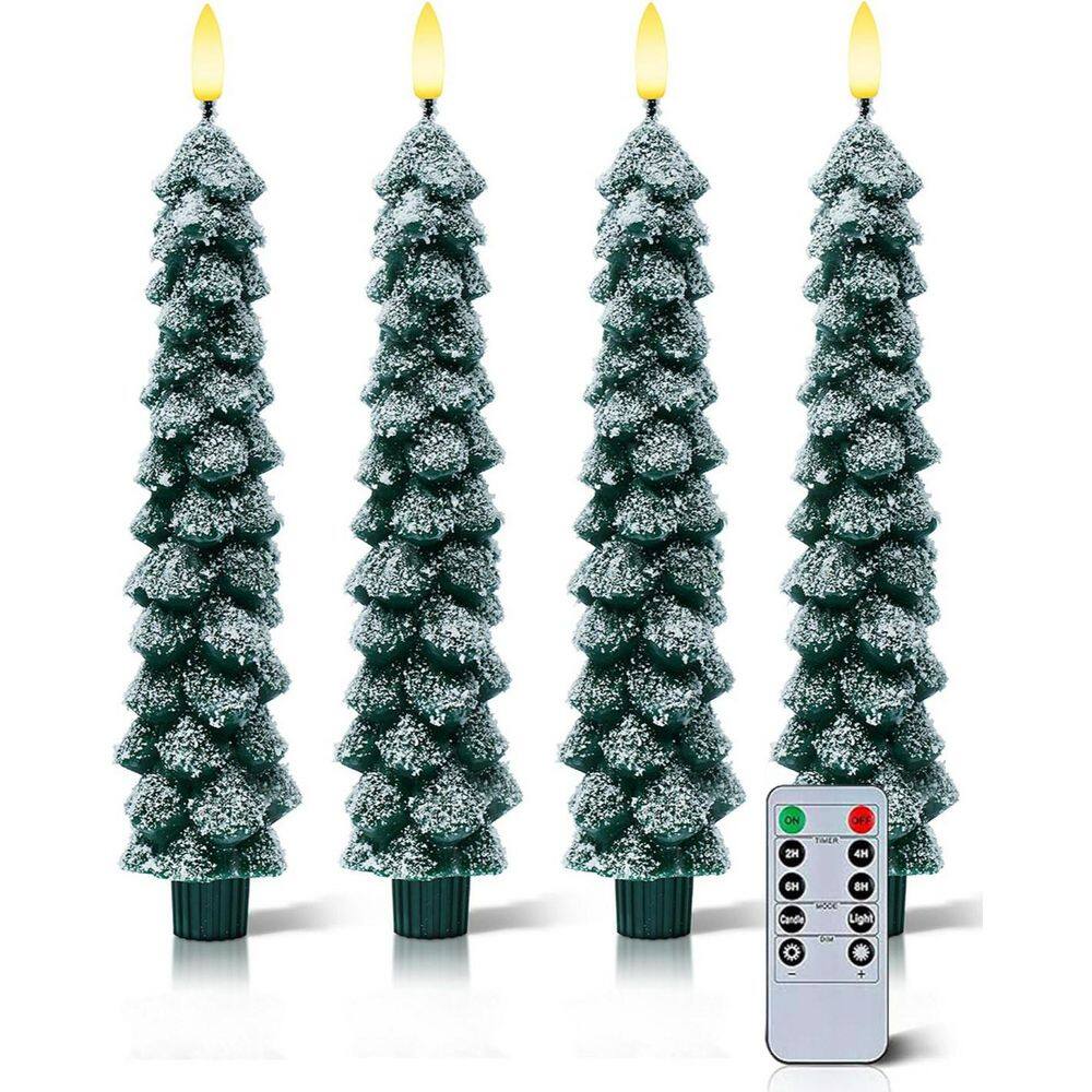 4-Piece 9.65 in. Battery Operated Flameless Snow Covered Real Wax Christmas Tree Tabletop Candles with Remote Flame price history on PriceWatchPro