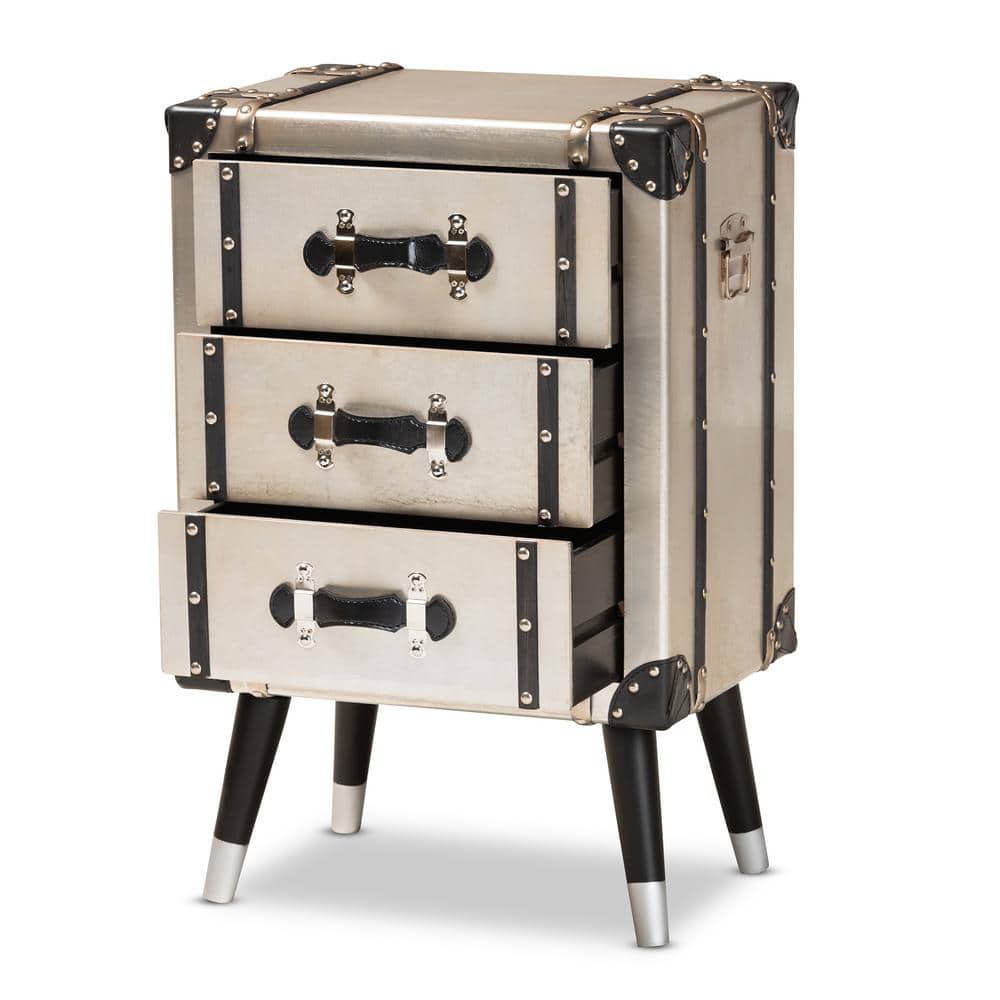 Vintage Industrial Antique Silver 3-Drawer Nightstand with Rivet Details
