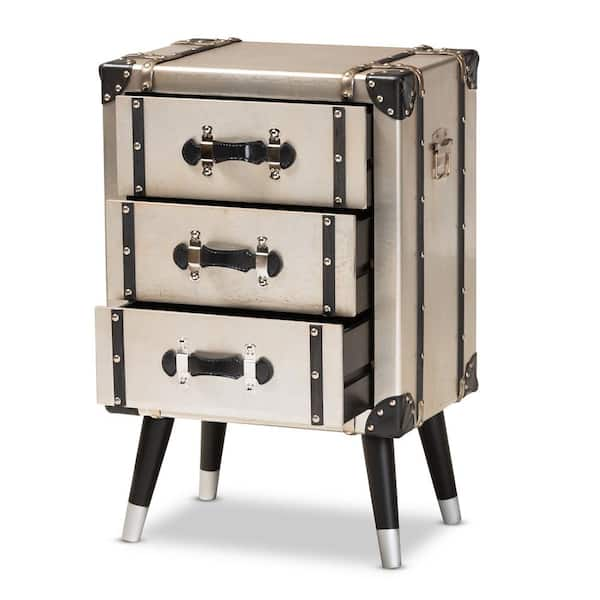 Baxton Studio Dilan 3 Drawer Silver Trunk Nightstand 160 10251 HD