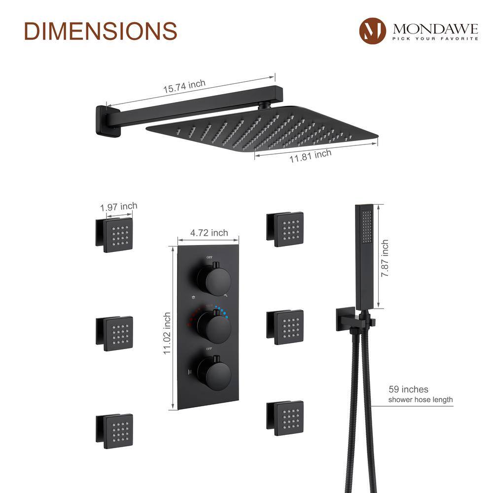 Matte Black 12-Inch Stainless Steel Multi-Head Wall Mounted Shower System