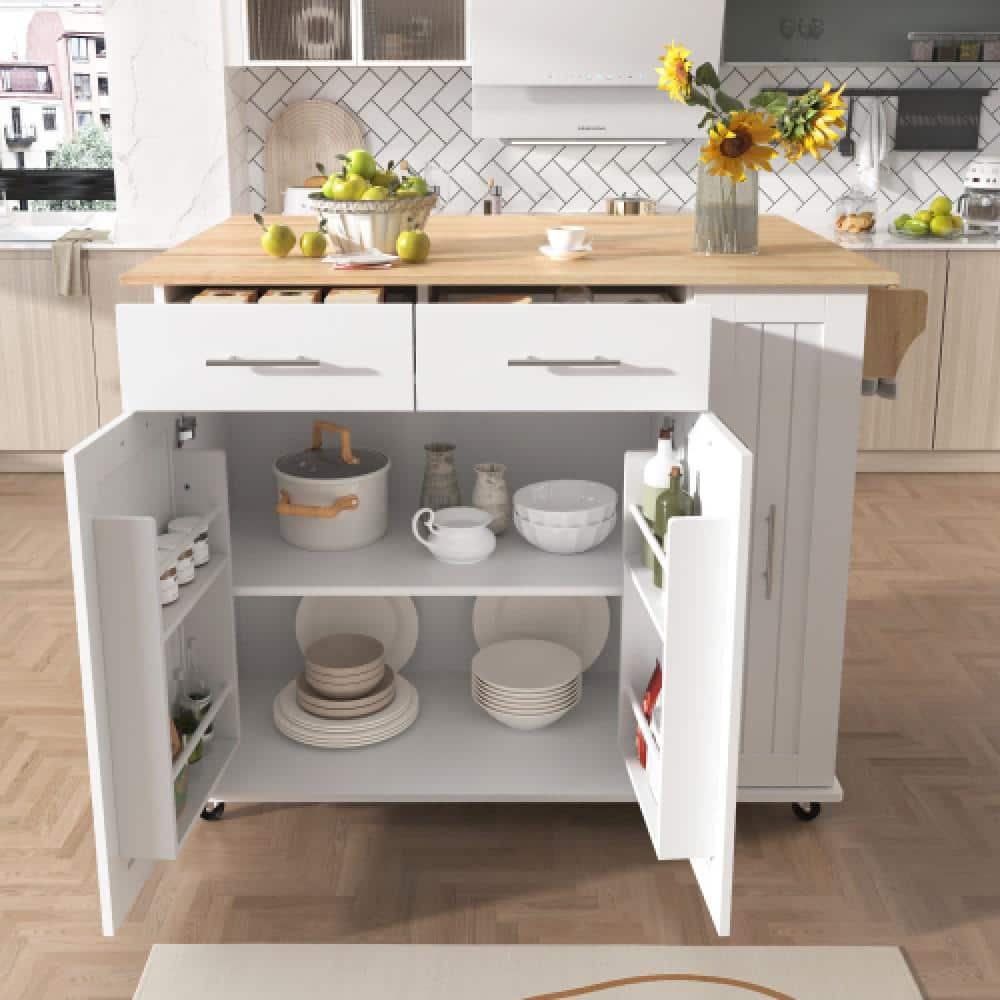 White Wood MDF 46 in. W Rolling Kitchen Island on Wheels with Drop