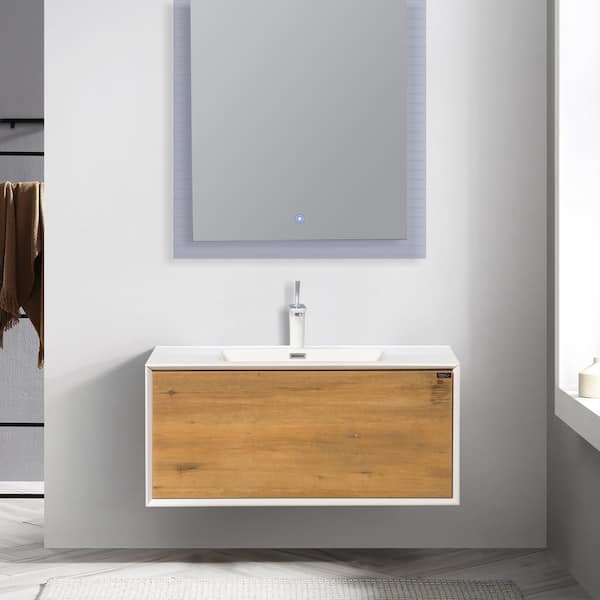 35.4 in. W x 19.1 in. D x 16.7 in. H Bath Vanity in Natural and White with White Vanity Top with White Basin