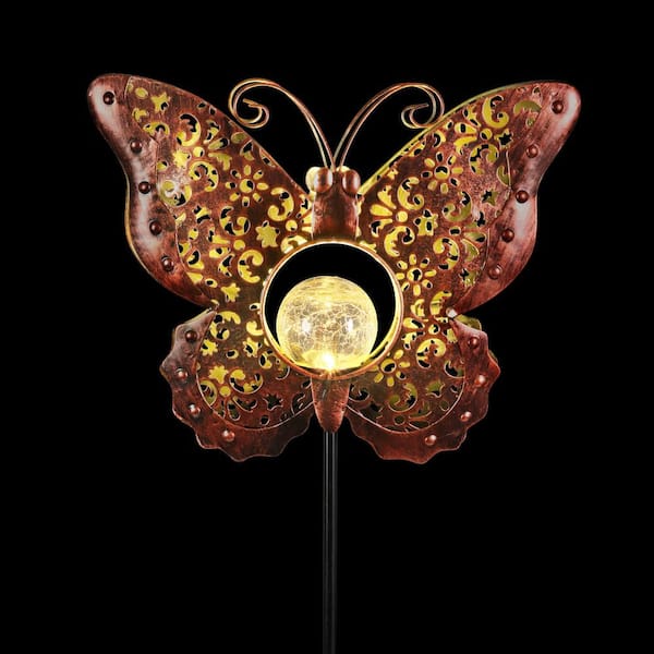 Exhart Solar Fleur de Lis Filigree Butterfly with Glass Crackle