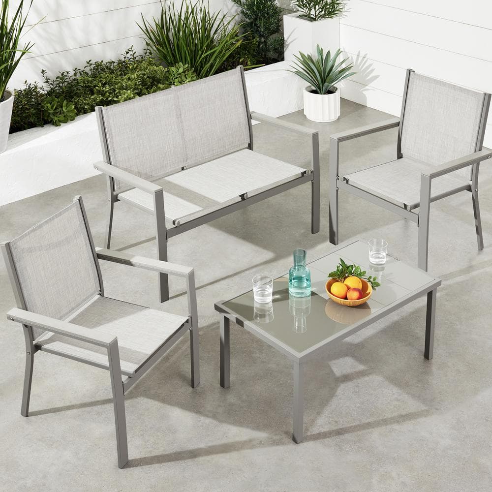 Gray Steel 4-Piece Patio Conversation Set with Armchairs and Coffee Table