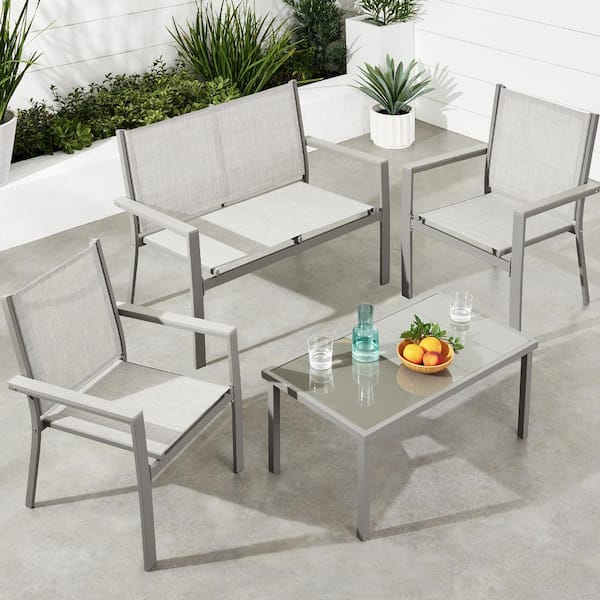 Best Choice Products Gray 4-Piece Outdoor Gray Textilene Metal Patio Conversation Furniture Set w/ Loveseat, Table