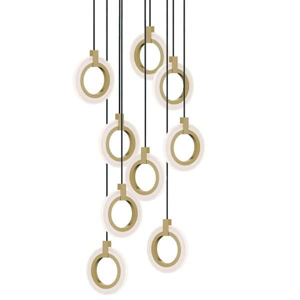 Halo 18-Watt 9 Light Integrated LED Pendant Light Light Antique Brass with White Acrylic Shade
