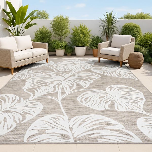 Tobago Brown/Ivory 8 ft. x 10 ft. High-Low 2-Tone Monstera Leaf Indoor/Outdoor Area Rug