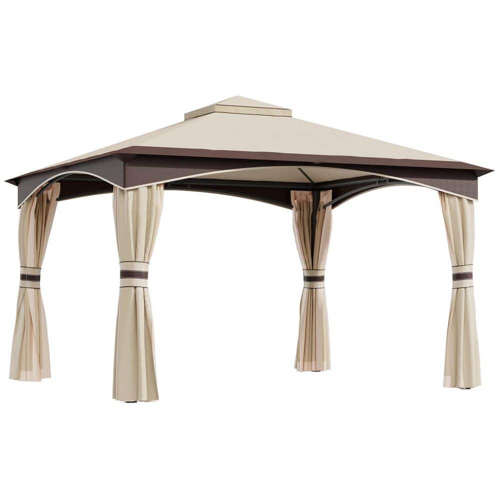 10 ft. x 12 ft. Beige and Brown Outdoor Gazebo Canopy with Netting, Curtains and 2-Tier Soft Top Roof price history on PriceWatchPro