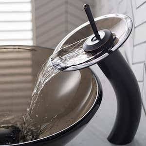 Single Handle Waterfall Bathroom Vessel Sink Faucet in Oil Rubbed Bronze with Glass Disk in Brown