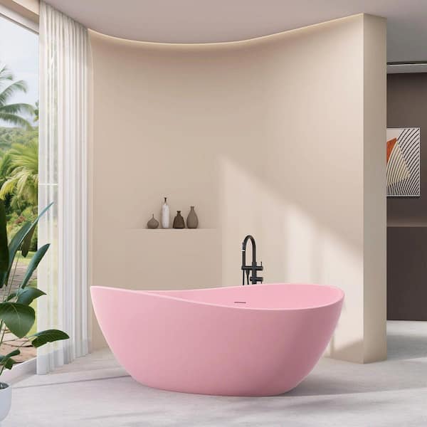 63 in. x 37.5 in. Free Standing Deep Soaking Double Slipper Bath Tub Oval Acrylic Freestanding Bathtubs in Matte Pink