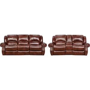 Aspen 2-Piece Oxblood 100% Genuine Leather Set with Double-Reclining Sofa and Gliding Console Loveseat, HUM003SET2-OB