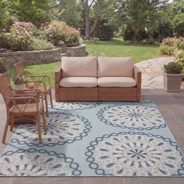 Courtyard 8 ft. x 10 ft. Aqua/Beige Circle Ornate Indoor/Outdoor Area Rug