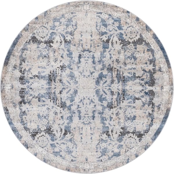 Unique Loom Portland Albany Beige/Navy Blue 7 ft. x 7 ft. Round Area Rug