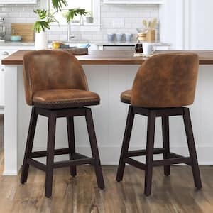 Meliodas 26 in. Brown Faux Leather Cushioned Dark Brown Solid Wood Leg Counter Height Swivel Barstool Set of 2