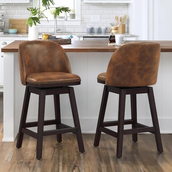OrangeOne Meliodas 26 in. Brown Faux Leather Cushioned Dark Brown Solid Wood Leg Counter Height Swivel Barstool Set of 2