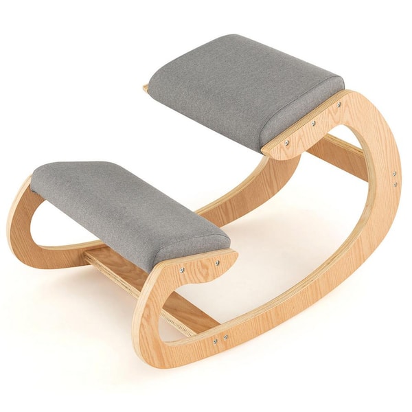 Gymax Ergonomic Kneeling Chair Wood Rocking Posture Stool with Cushion Back Neck Grey