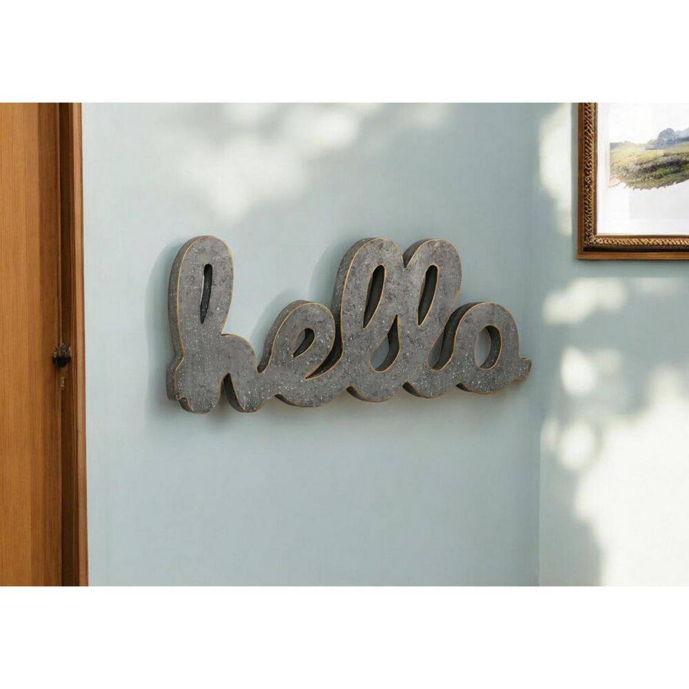 28 in. x 11.75 in. Gray Handcrafted Metal Hello Wall Art