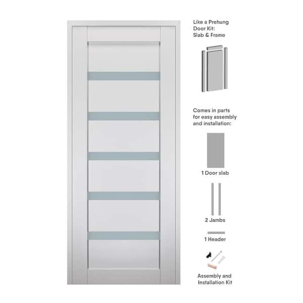 28 in. x 84 in. Gina Right-Hand Solid Core 5-Lite Frosted Glass Bianco Noble Wood Composite Single Prehung Interior Door