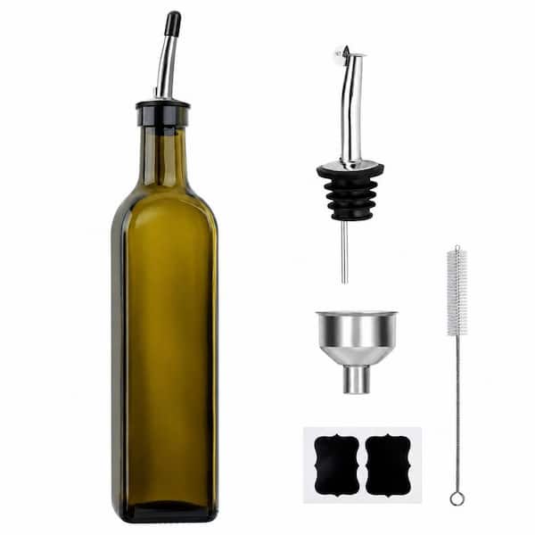 17 oz. Green Glass Oil Dispenser Bottle Set with 2 Stainless Steel Pourers and Funnel