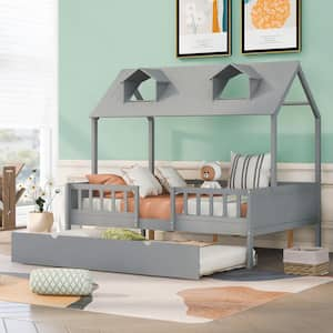 Gray Full Size Wood House Bed with Trundle, Fence and Roof