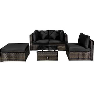 5-Pieces Rattan Outdoor Furniture Set Sectional Patio Conversation with Black Cushions