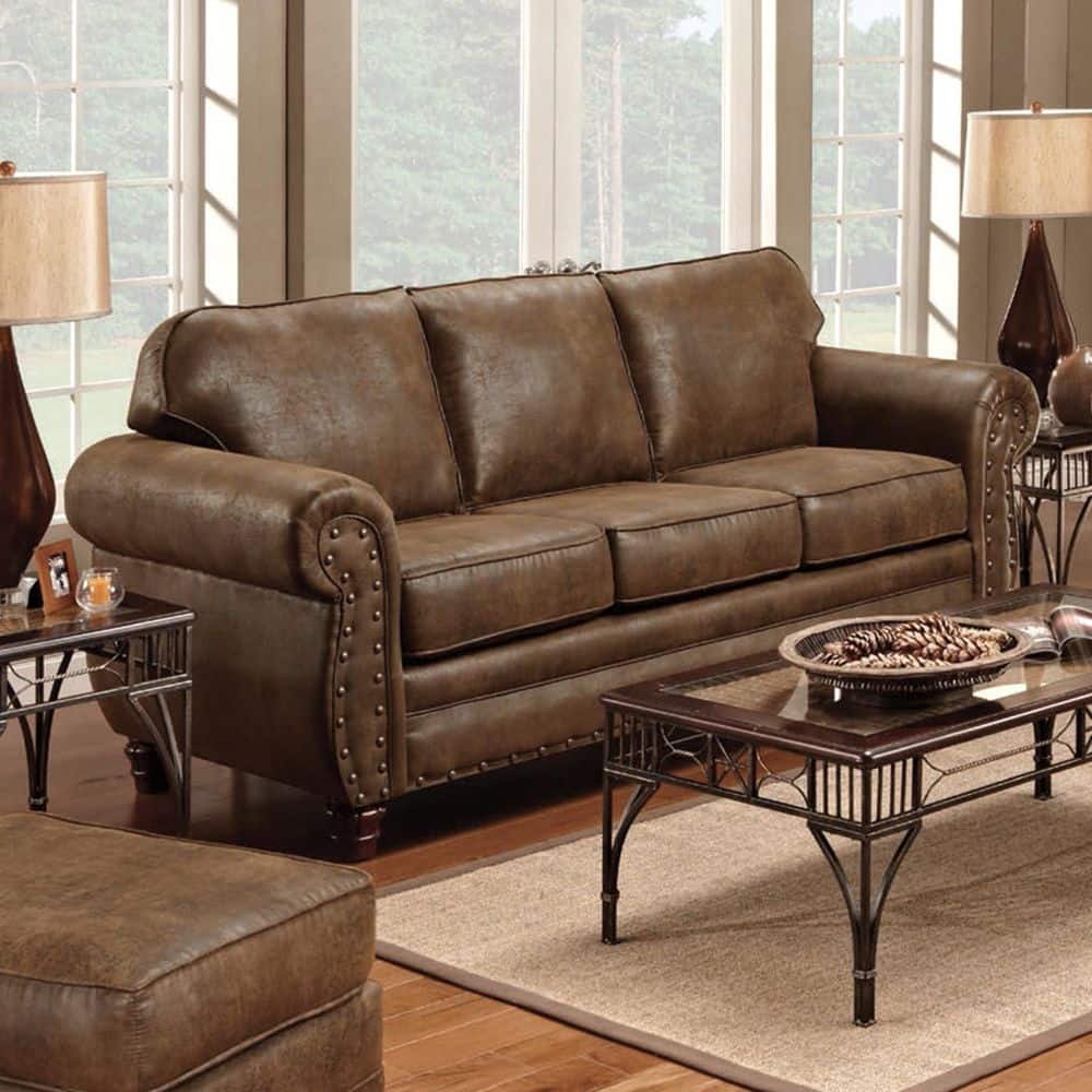 Sedona Traditional Brown Faux Leather Sofa with Rustic Nailhead Accents