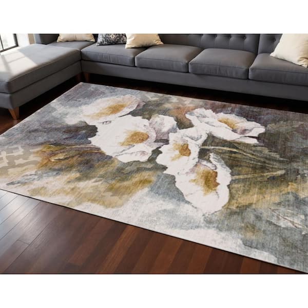 Blue 8 ft. x 10 ft. Woven Floral Rectangle Indoor Area Rug