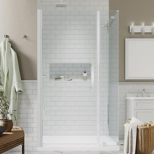 OVE Decors Pasadena 40 in. L x 32 in. W x 75 in. H Corner Shower Kit with Pivot Frameless Shower Door in Chrome and Shower Pan