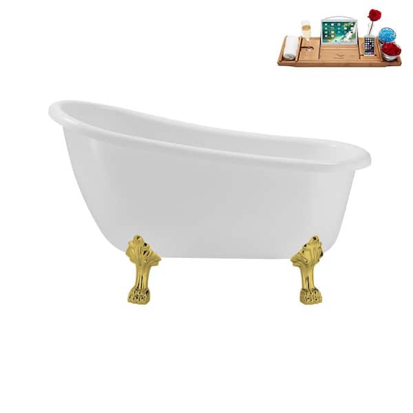 Streamline 53 in. x 25.6 in. Acrylic Clawfoot Soaking Bathtub in Glossy White with Polished Gold Clawfeet and Matte Pink Drain